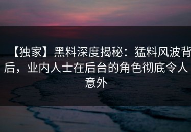 【独家】黑料深度揭秘：猛料风波背后，业内人士在后台的角色彻底令人意外